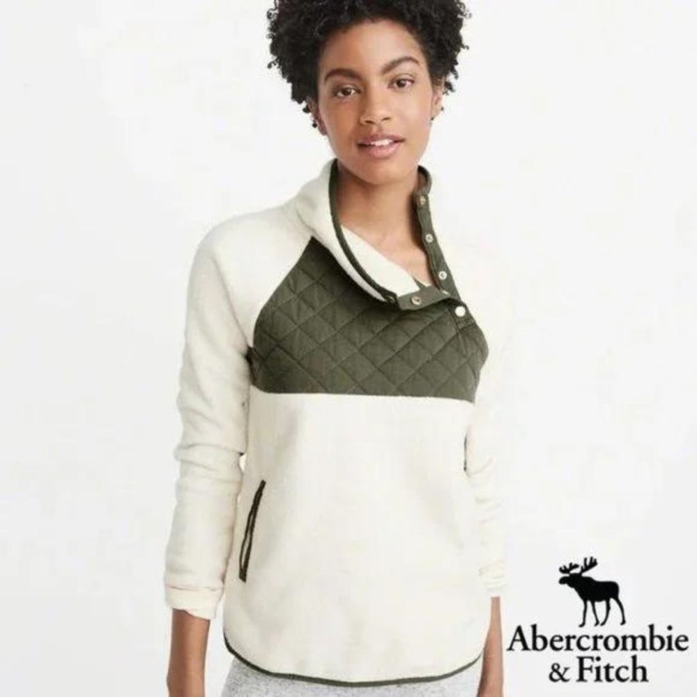 Abercrombie & Fitch Asymmetrical Snap-up Fleece Cream & Green - Size L - EUC